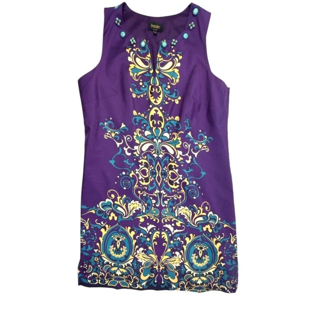 Laundry by Shelli Segal Silk Shift Dress Purple Baroque Jeweled Beaded 12